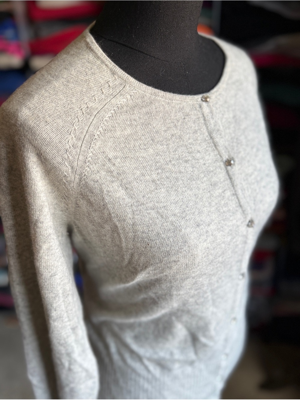 Light Gray Women's Crystal Button-Front  Cashmere Sweater Cardigan